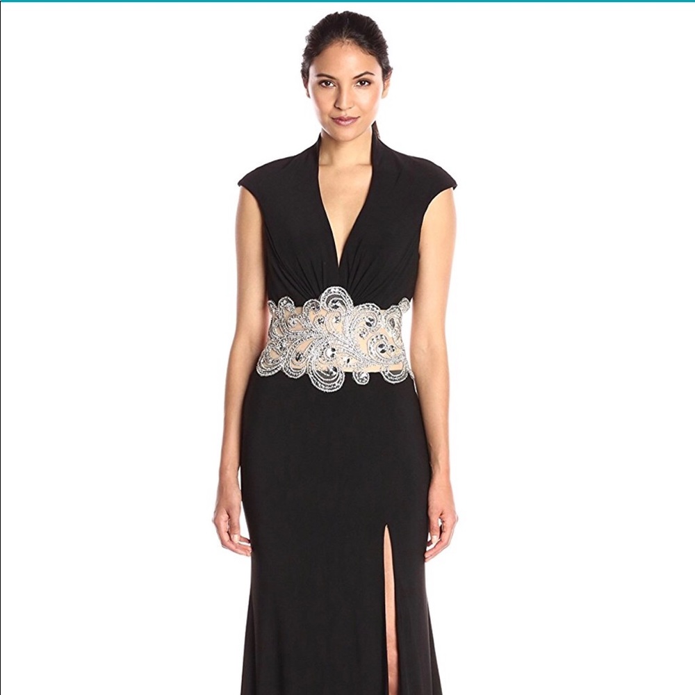 Mac Duggal Black V-NECK EMBELLISHED WAIST GOWN